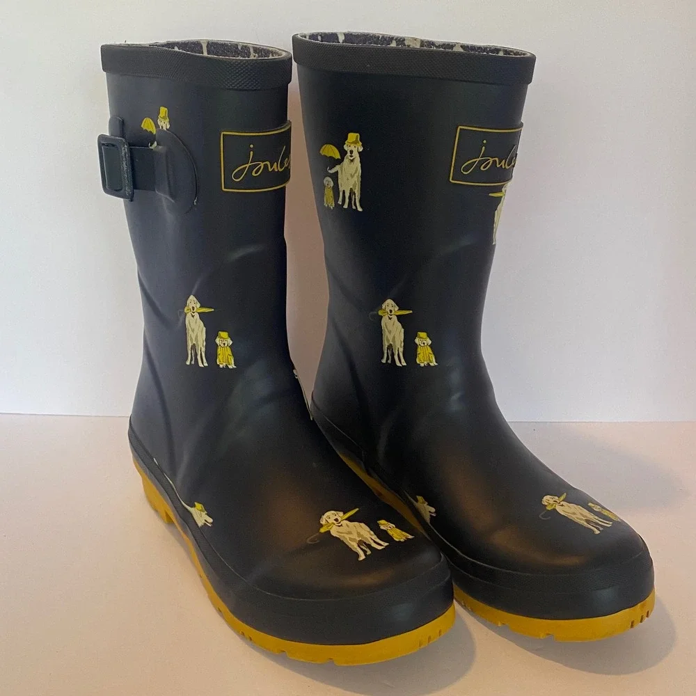Joules Molly Welly Rain Boots Kids‎ Size 5 Navy Yellow Excellent Dog Print